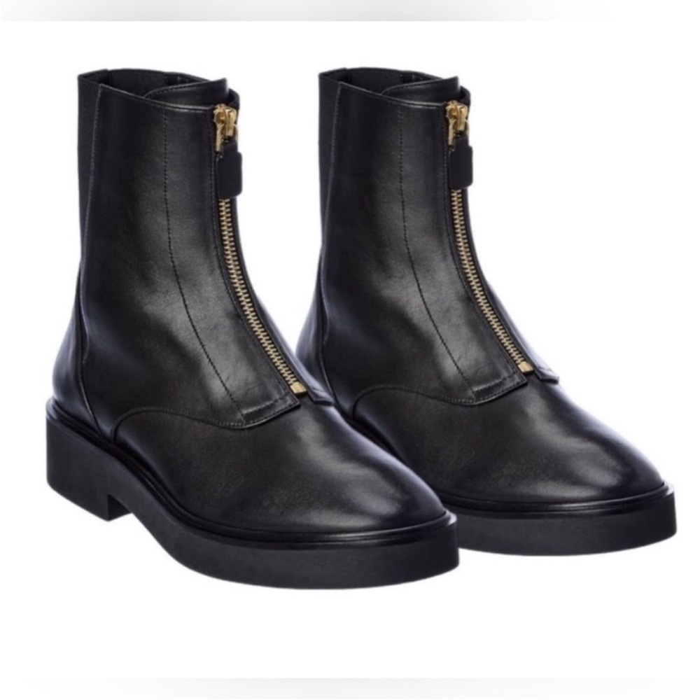 Stuart Weitzman Lodge Zip Front Black Leather Ankle
Combat Boots